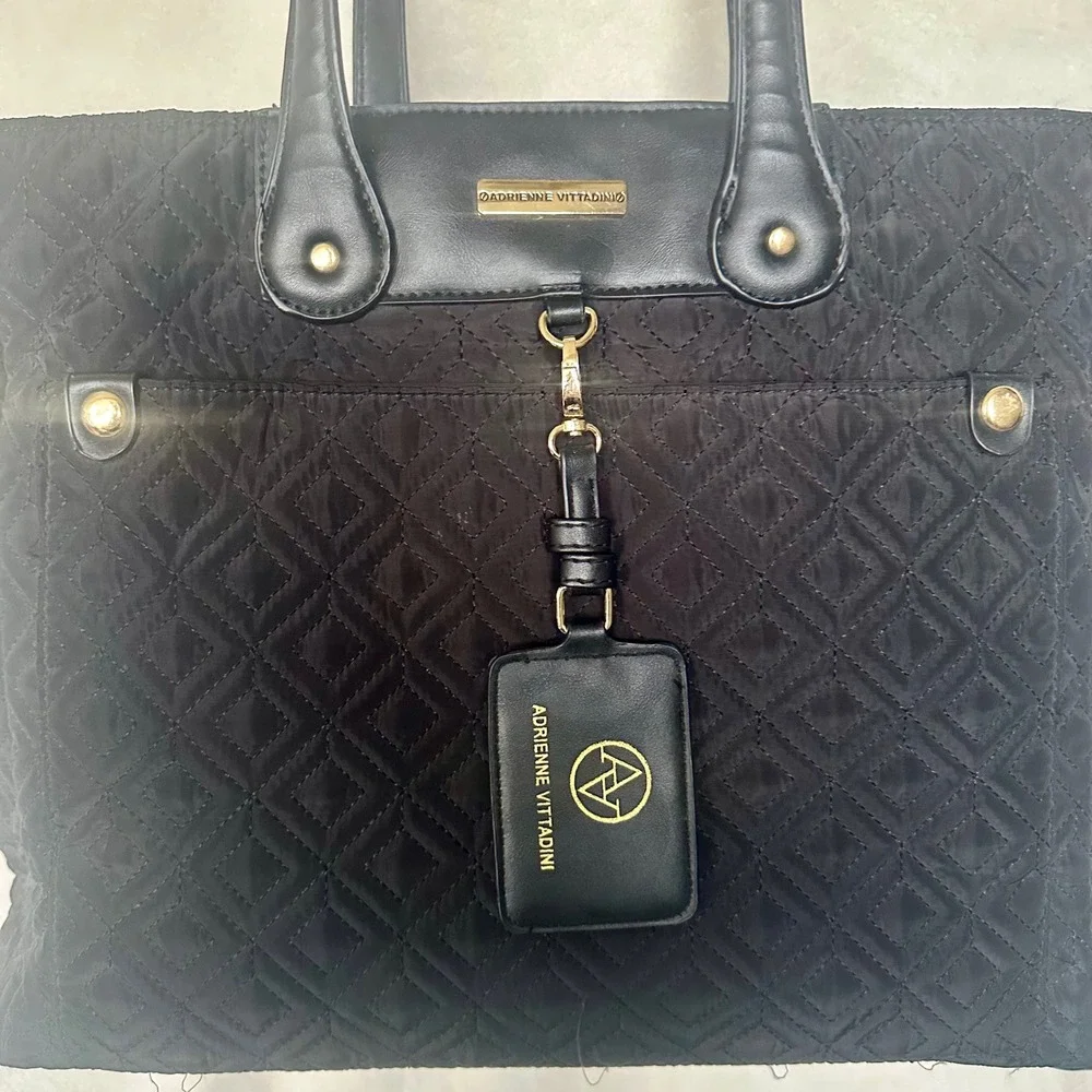 Adrienne Vittadini Black Quilted Work Laptop Tote Bag Organization Pockets